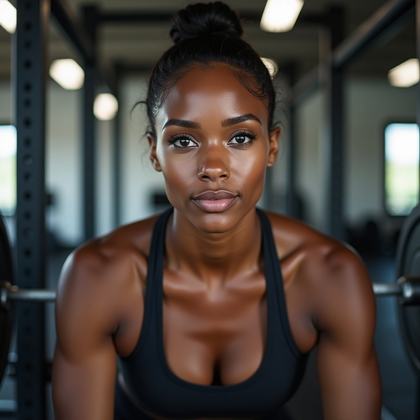 AI-generated photo: Photorealistic fitness close-up portrait photograph: from a slightly low angle at a squat rack, face...