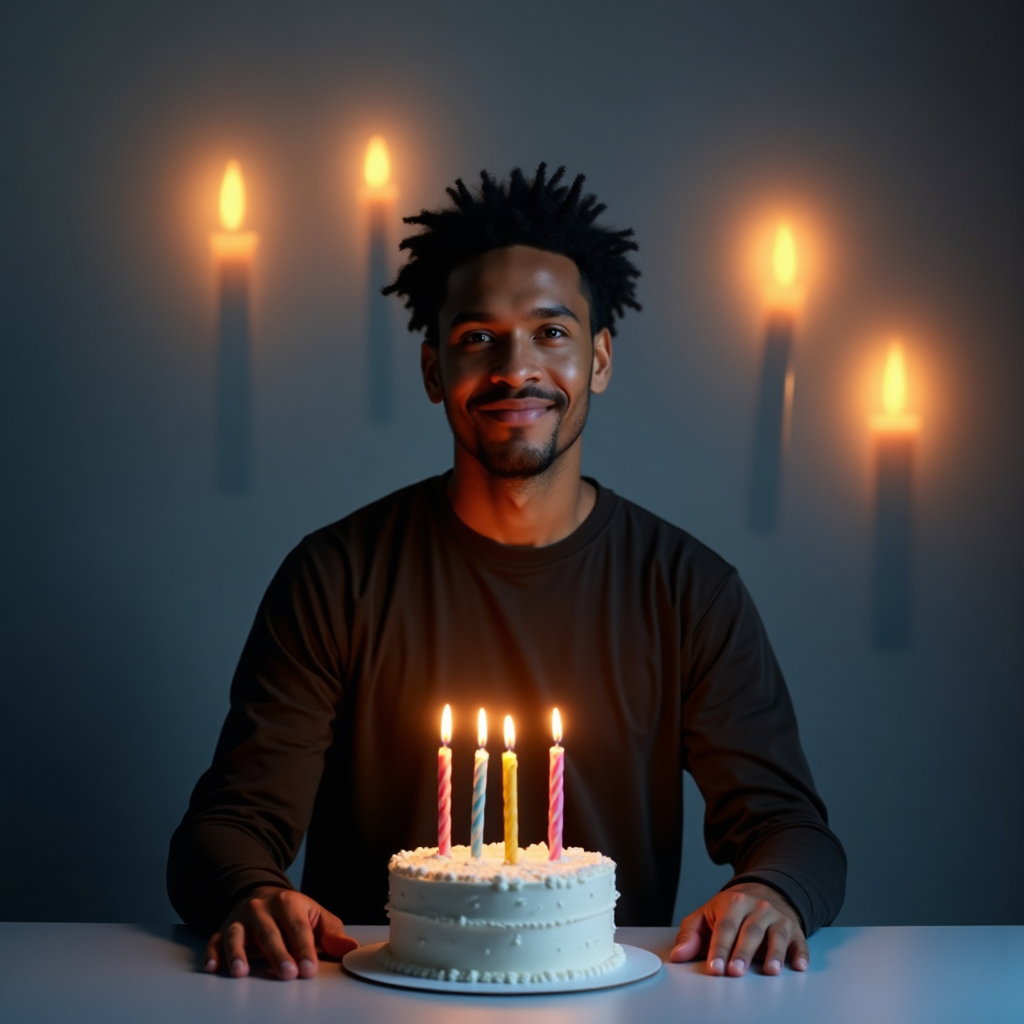 Birthday Photos That Avoid Cluttered Backgrounds and Awkward Crops example: Photorealistic birthday portrait photography. An unexpected creative birthday portrait using projected candlelight shape