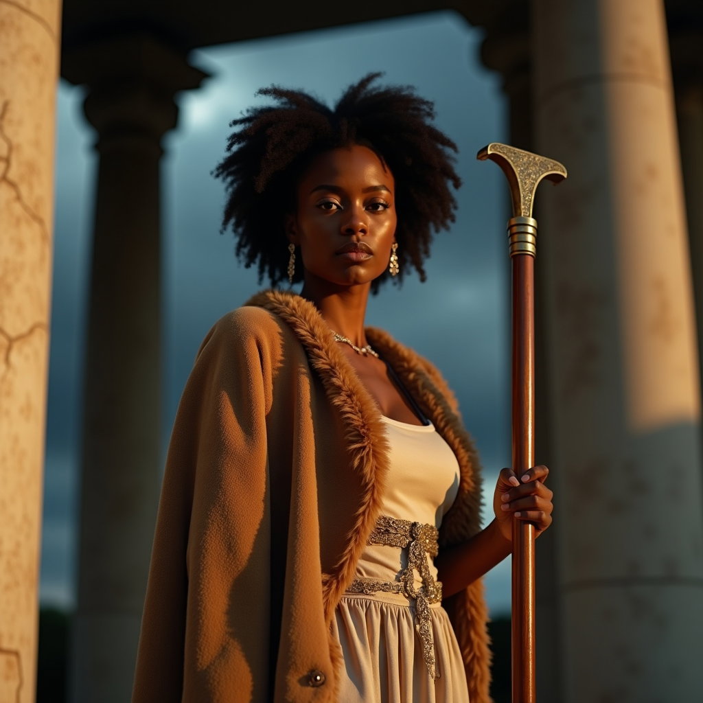 Solo Hercules Lion-Cloak Power Portrait example: Cinematic mythological portrait photography. A half-body portrait shows the subject standing squarely with the lion cloa