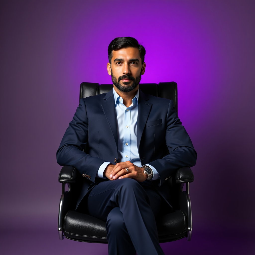 Pride Profile Picture Headshots With One Bold Color example: Professional editorial portrait photography. Hero image composition with the subject centered in a sleek executive offic