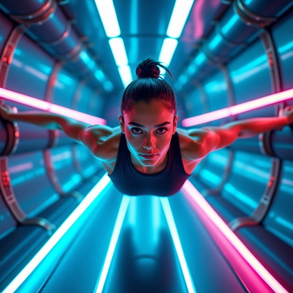 AI-generated photo: Photorealistic space gym lifestyle scene, a person inside a high-tech zero-gravity workout module, g...