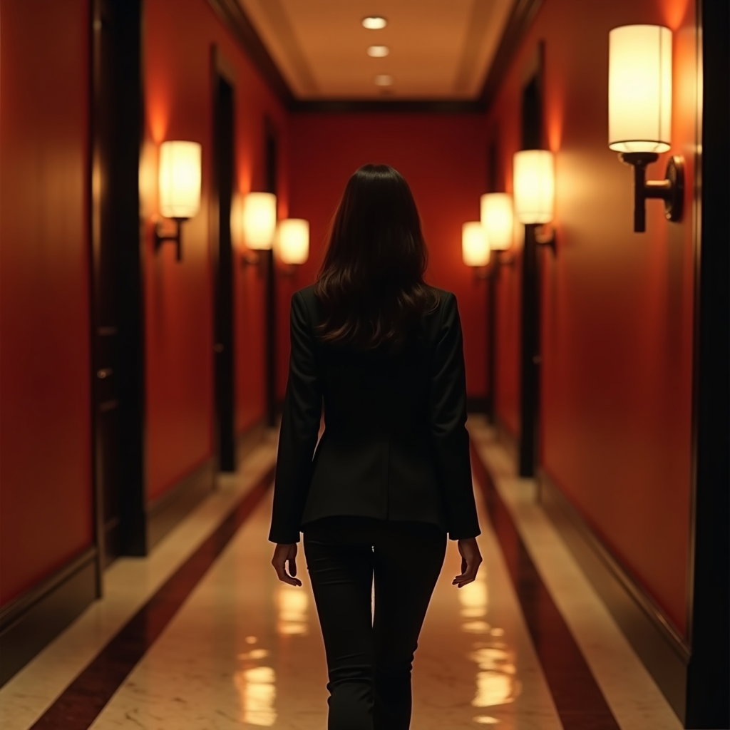 Subtle Neck-Turn Portrait Without Fake Horror example: Dating profile photo, full-body portrait in an upscale hotel corridor with the subject paused mid-step, body angled away