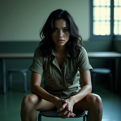 AI-generated photo: Photorealistic prison visitation room photography, subject seated on a metal chair but leaning forwa...