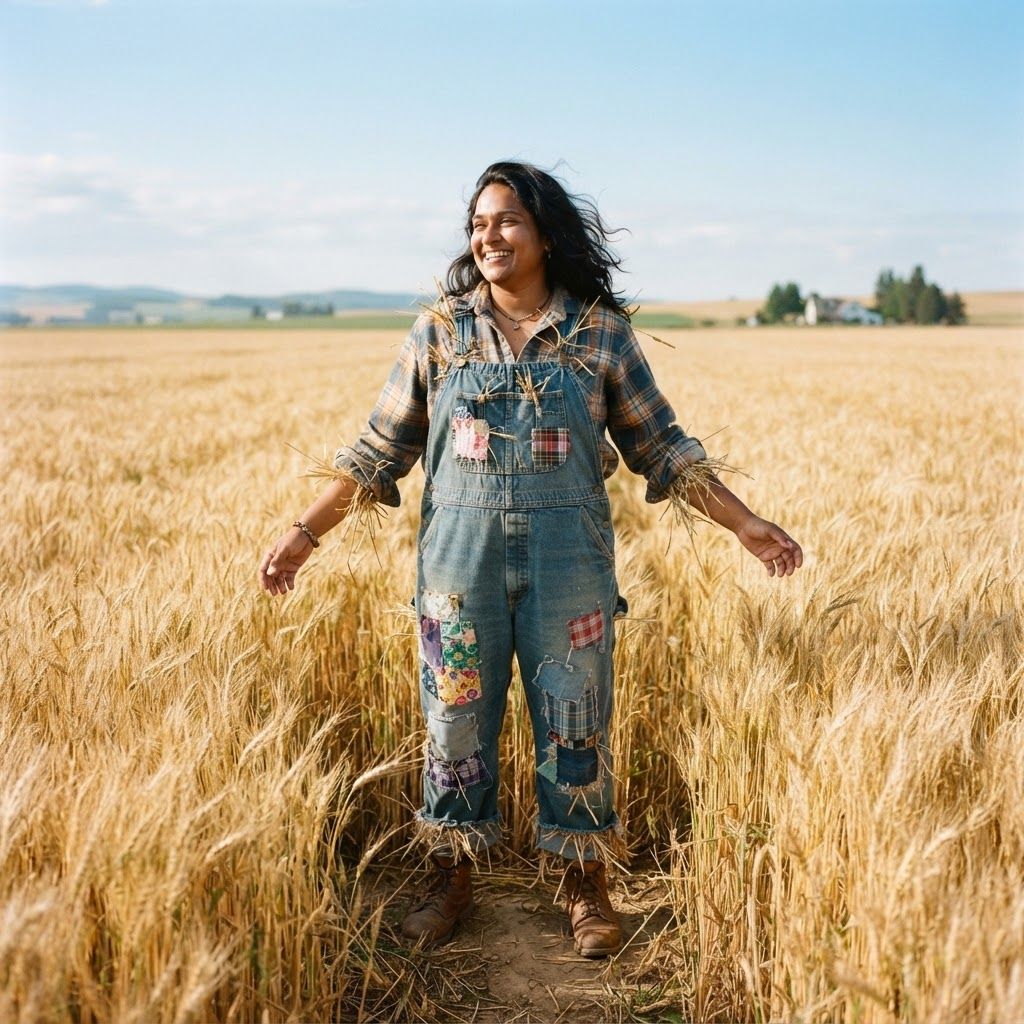 Patchwork Scarecrow in a Golden Field: Wide personal photo with a single figure standing among waist-high golden grain, boots visible in a small cleared patch.