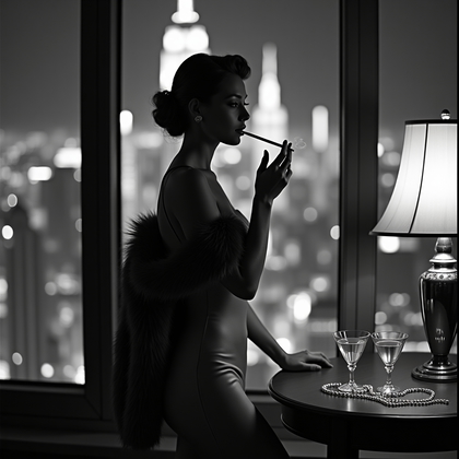 AI-generated photo: Silver gelatin glamour portrait in a penthouse at night, framed against floor-to-ceiling windows ove...