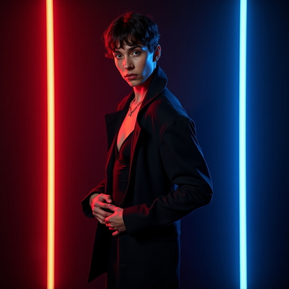 AI-generated photo: Photorealistic dramatic studio portrait photograph with theatrical gel lighting. The subject stands ...