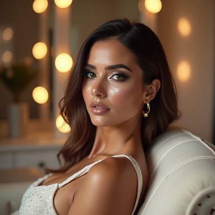 AI-generated photo: Photorealistic beauty portrait photograph. Full glam, editorial-style beauty shot in a studio, with ...