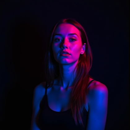 AI-generated photo: Photorealistic studio portrait photograph. A single subject in a dark studio stands in three-quarter...