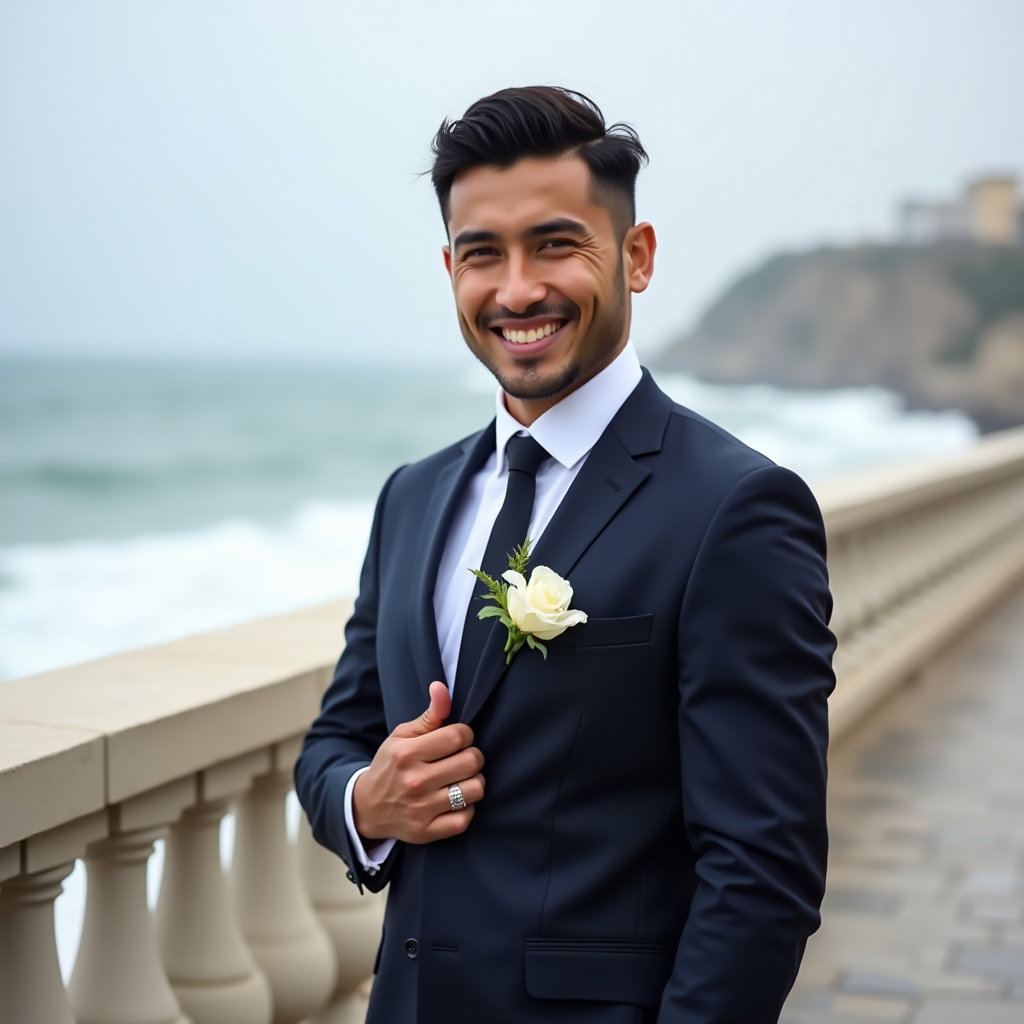 AI-generated photo: Photorealistic wedding photography on a coastal promenade with pale stone balustrades and crashing s...