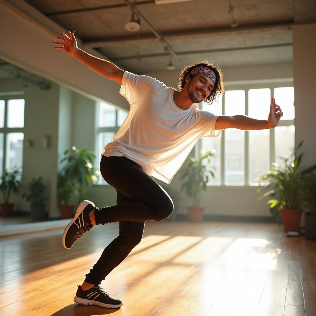 AI-generated photo: Athletic action photo of a man executing a dynamic dance move in a vibrant dance studio filled with ...