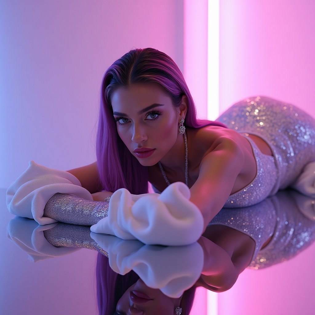 Glam Pop Diva Beauty Album Cover Photos example: Photorealistic glam pop album cover editorial hero image. Frame the subject reclining diagonally across a glossy mirrore