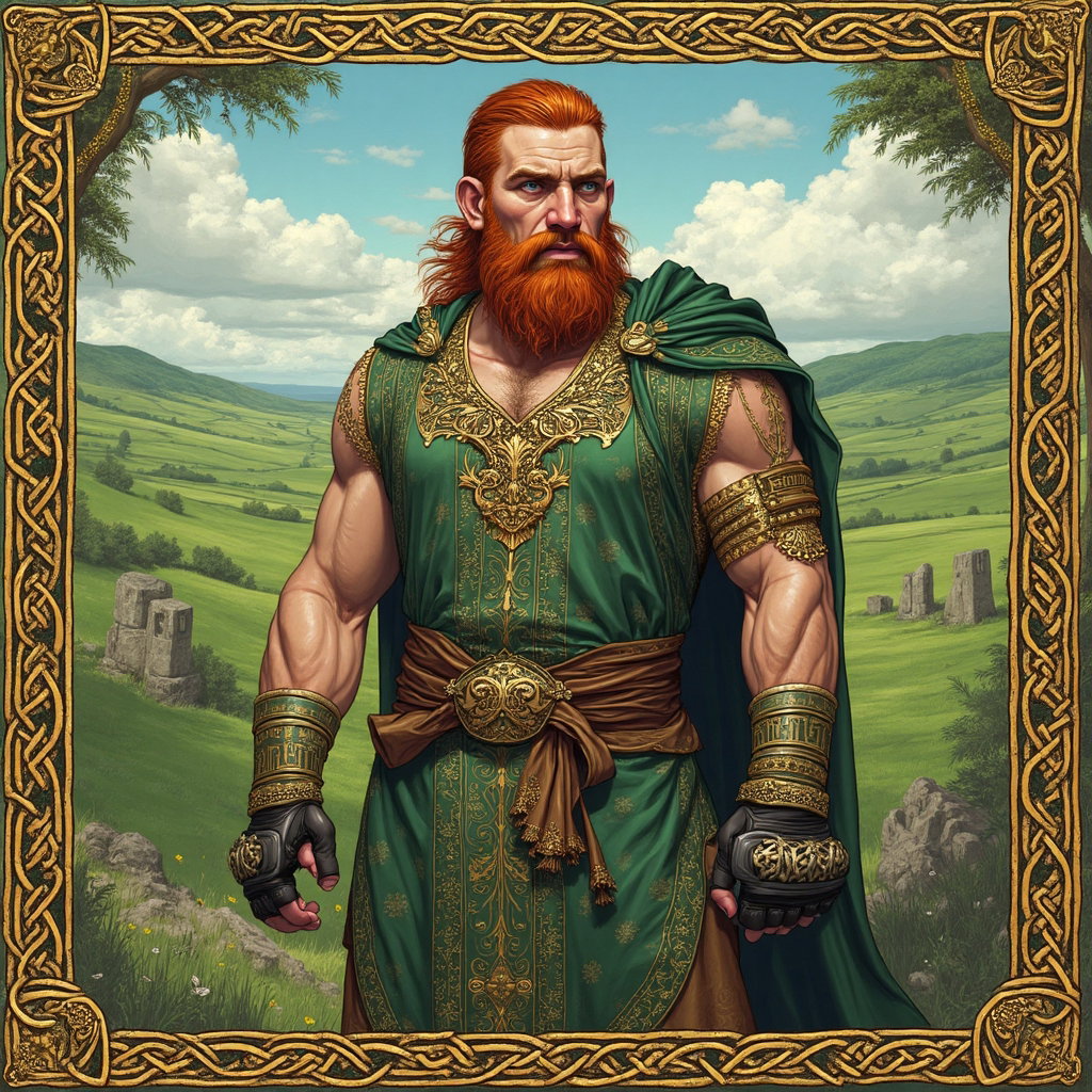 AI-generated photo: **Celtic illuminated manuscript illustration**. This intricate scene showcases a UFC fighter clad in...