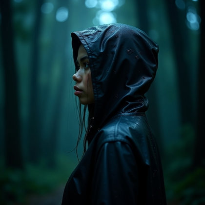 Forest Chase Over-the-Shoulder Portrait example: Cinematic horror profile-avatar portrait photo. Square-crop head-and-shoulders over-the-shoulder composition, with the s
