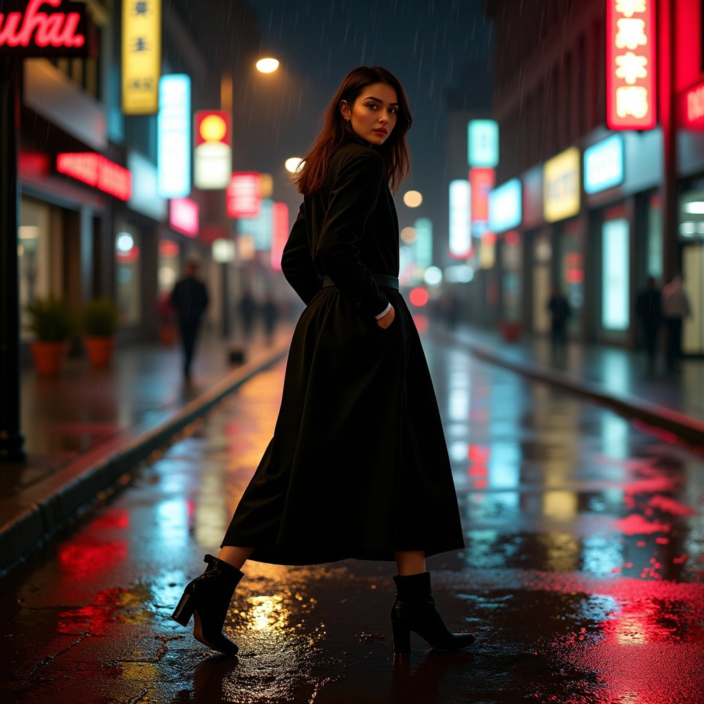 Rainy Night Street Vamp Portrait example: Dating profile photo, photorealistic motion portrait crossing a wet street at night, with the face clearly visible while