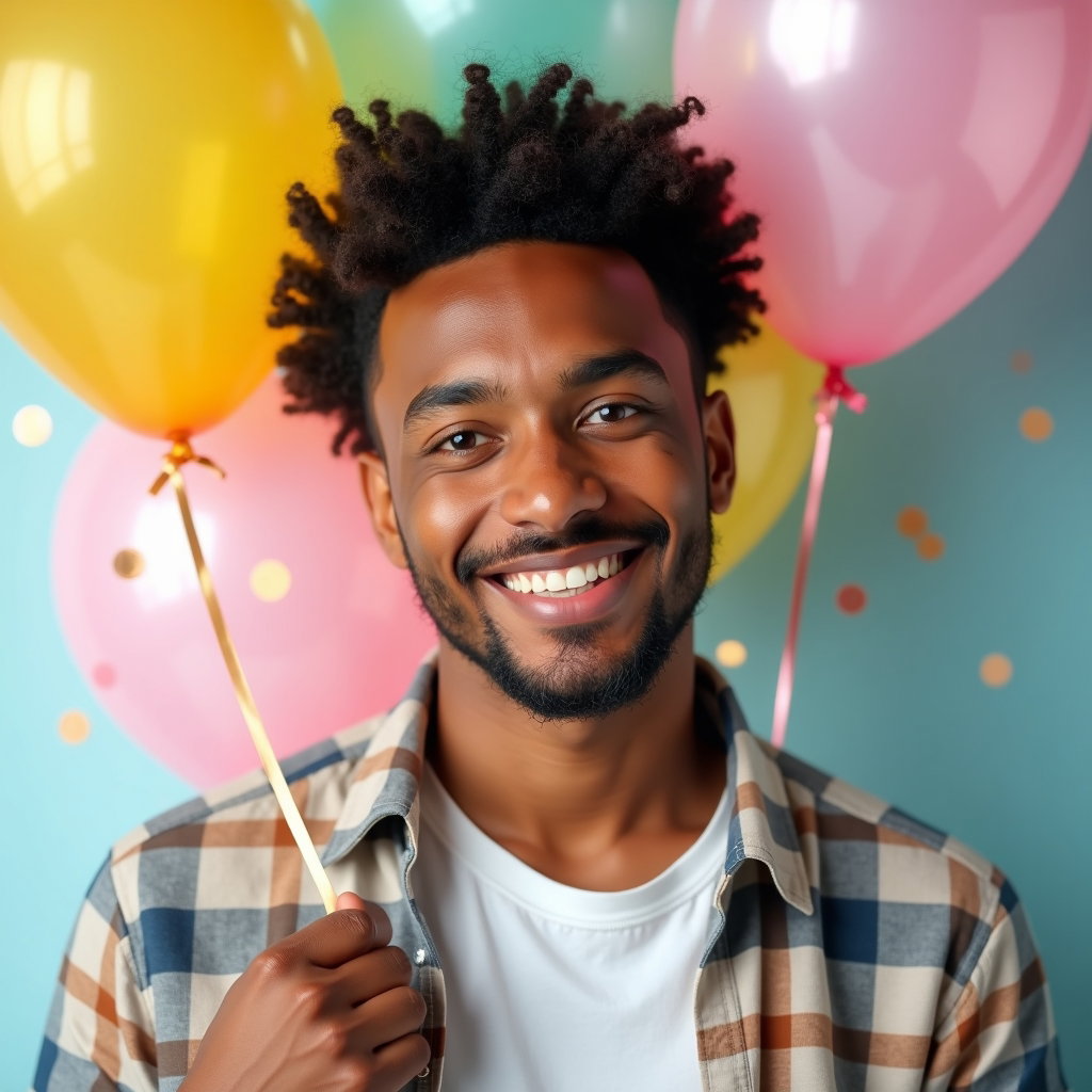 Playful Birthday Confetti and Balloon Portraits example: Photorealistic profile/avatar crop portrait photography. The subject faces the viewer in a clean square-style compositio