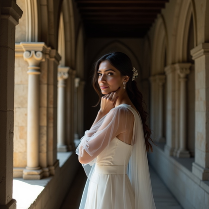AI-generated photo: Photorealistic window‑light bridal portrait photography in a Gothic cloister corridor where a tall l...