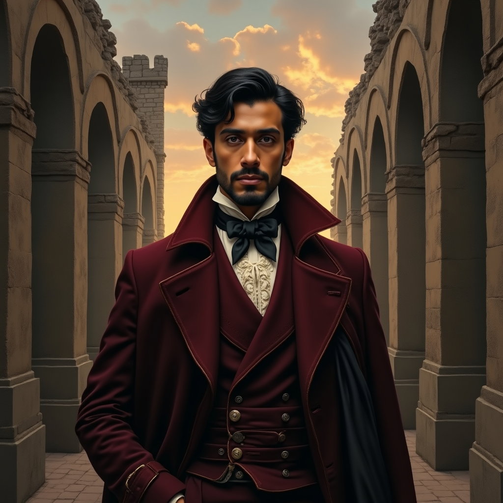 Velvet Coat Byronic Poet Portrait at Dusk example: Romantic-era oil painting. Editorial hero portrait of the subject standing before ruined Gothic arches, centered in a co