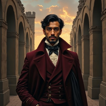 Velvet Coat Byronic Poet Portrait at Dusk example: Romantic-era oil painting. Editorial hero portrait of the subject standing before ruined Gothic arches, centered in a co