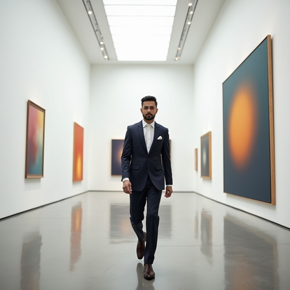 AI-generated photo: Photorealistic wedding portrait photography in a contemporary art museum gallery where white walls, ...