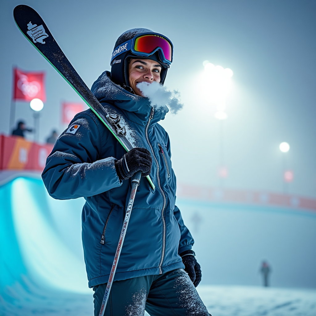 AI-generated photo: Photorealistic sports portrait photograph. A full-body, slightly off-center portrait of a freestyle ...