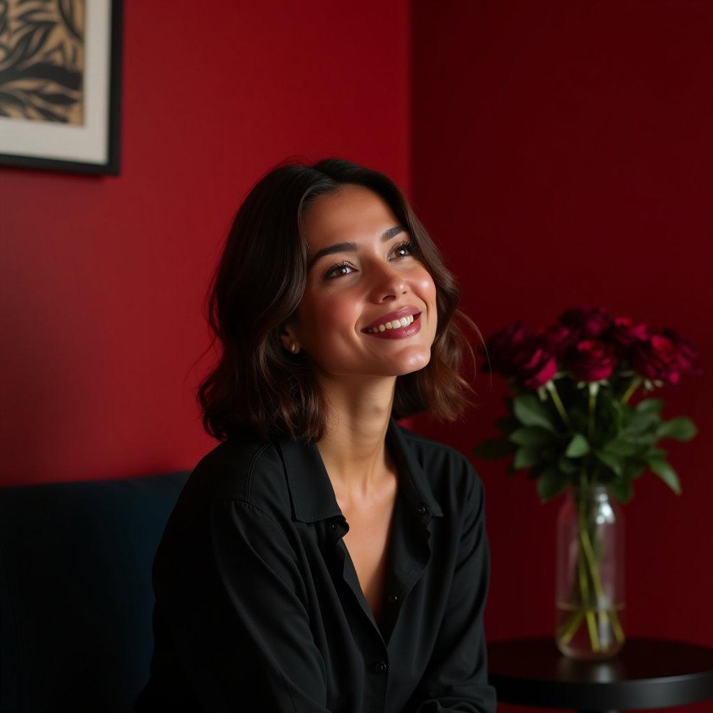 Simple Crimson Wall Half-Body Portrait example: Dating profile photo. Environmental portrait in a minimal lounge corner with a crimson wall, a dark chair, and a small v