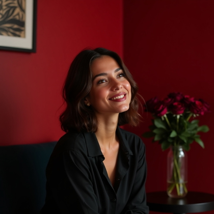 Simple Crimson Wall Half-Body Portrait example: Dating profile photo. Environmental portrait in a minimal lounge corner with a crimson wall, a dark chair, and a small v