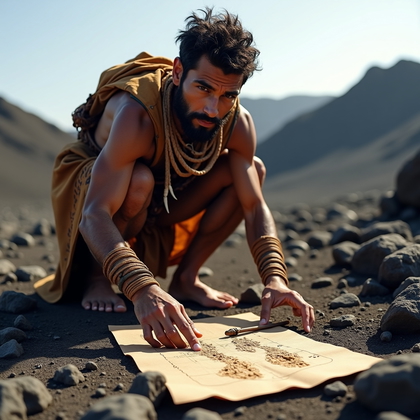 AI-generated photo: Photorealistic photography of a track reader crouch across a high volcanic upland scattered with ang...