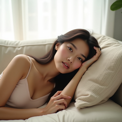 AI-generated photo: Photorealistic beauty portrait photography. The subject lies on a simple, light-colored sofa or dayb...