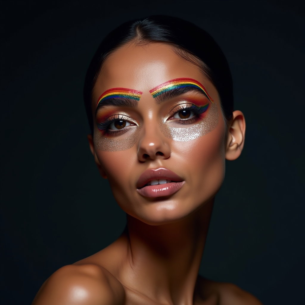 Close-Up Pride Makeup and Face Paint Portraits example: Photorealistic editorial portrait photography. Dramatic hero image with the subject centered against a deep matte backgr
