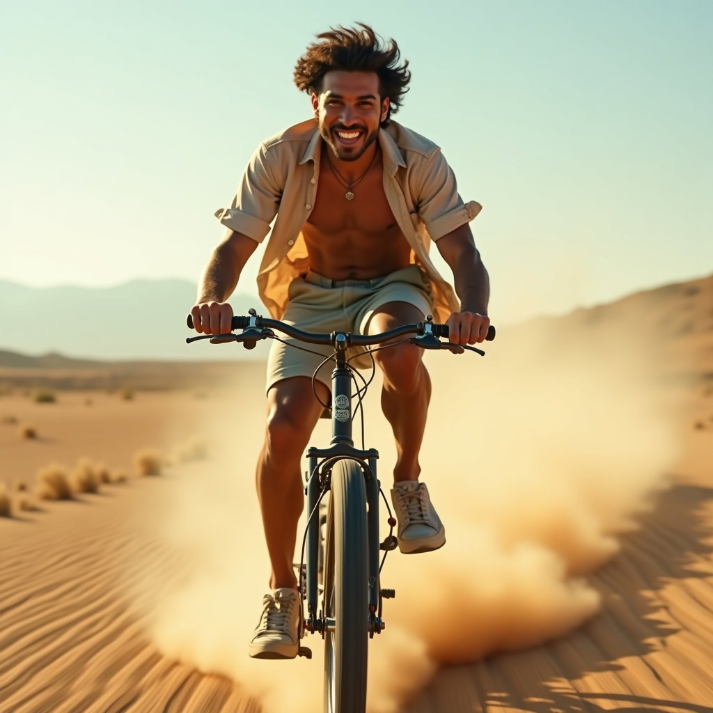 Dusty Desert Festival Look example: Photorealistic festival action portrait photography. Motion image of a solo subject riding a dusty cruiser bicycle acros