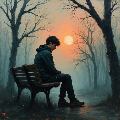 AI-generated photo: **Expressionist painting.** A dramatic and haunting portrayal of a young man sitting alone on a park...