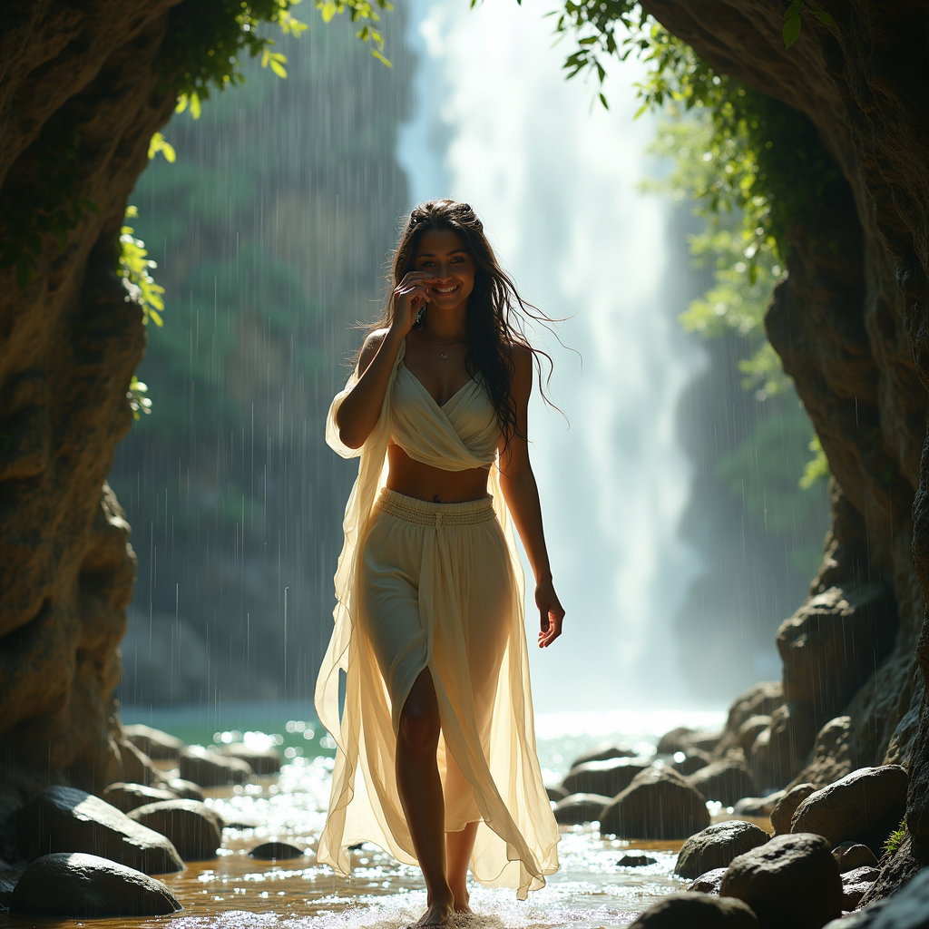 Brume de cascade : portrait sur un étroit passage rocheux passant derrière un voile d’eau en chute, la seule personne sortant de la brume avec un bras légèrement relevé…