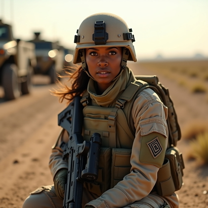 AI-generated photo: Photorealistic military portrait photograph, subject in full tactical gear kneeling in a dusty field...