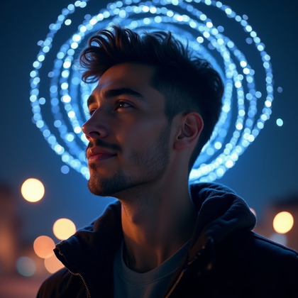 AI-generated photo: Photorealistic nighttime portrait photography, close-up face-in-profile against the night sky with b...