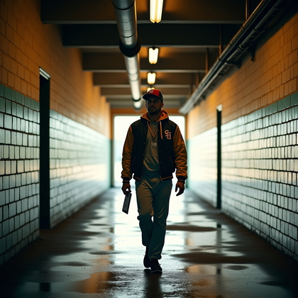 AI-generated photo: Photorealistic sports editorial photo: stadium tunnel portrait with the subject walking toward camer...