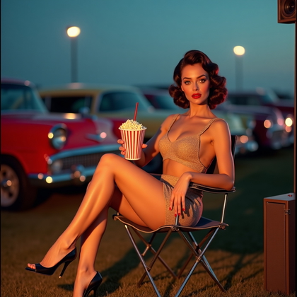 AI-generated photo: Photorealistic 1950s pin-up color photograph at a twilight drive-in theater, subject seated side-sad...