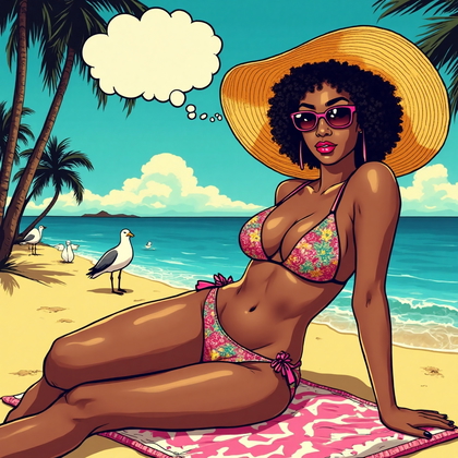 AI-generated photo: Pop Art illustration. Depict a young woman in a bold, graphic swimsuit, lounging confidently on a vi...