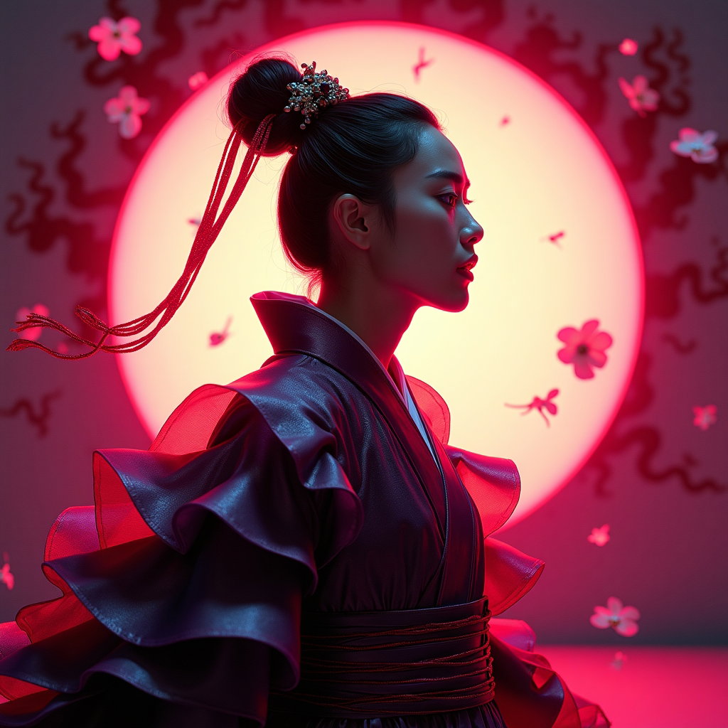 Hanbok-Inspired Demon Hunter Portrait example: Cinematic fantasy character photo. Unexpected creative variation styled like a supernatural K-pop comeback poster, with