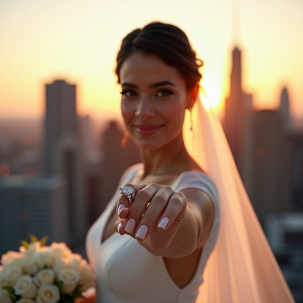 AI-generated photo: Photorealistic wedding photography on a city rooftop at sunset where glowing skyline lights form a r...