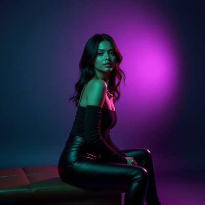 AI-generated photo: Photorealistic conceptual character studio portrait photograph. The subject is seated sideways on a ...