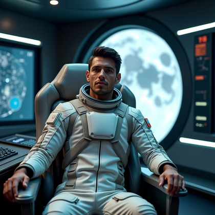 AI-generated photo: Professional portrait photography, a commanding mission specialist seated slightly angled in a high-...