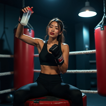 AI-generated photo: Photorealistic fitness portrait photo: in a boxing corner near heavy bags, the subject perches on th...