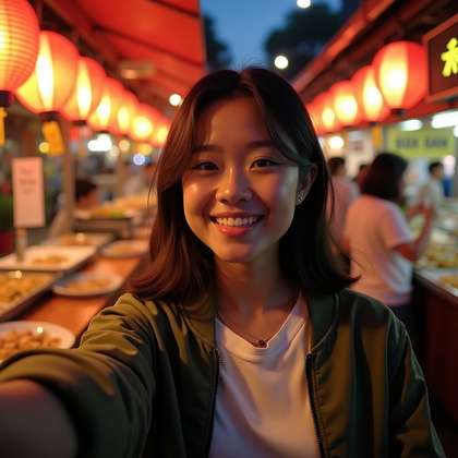 Photorealistic lifestyle selfie photo at a bustling night market lined with red paper lanterns and sizzling street-food stalls, aromatic steam drifting through warm shafts of light. Arm’s-length portrait from slightly below eye level to elongate lines, playful half-smile with direct eye contact, and no accessories obstructing the face. Street vendor signage and lantern strings melt into creamy bokeh, while glossy tabletops kick soft reflections into the lower frame. Outfit: lightweight bomber over a fitted tee with a minimal chain and a slim watch for a polished yet casual look. Side-lit by warm stall bulbs balanced by cooler ambient fill from the street, creating dimensional highlights and a clean, flattering key on the face.