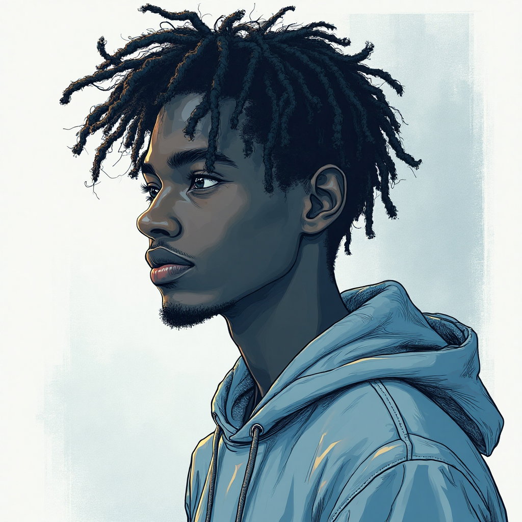 AI-generated photo: Line art illustration. Conceive an introspective avatar of a young man in a relaxed pose, depicted i...