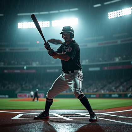 AI-generated photo: Photorealistic sports photography of a solo on-deck circle moment in a rainstorm, three-quarter angl...