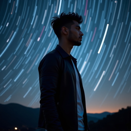 AI-generated photo: Photorealistic nighttime portrait photography, a waist-up side profile shot on a hilltop with the Mi...
