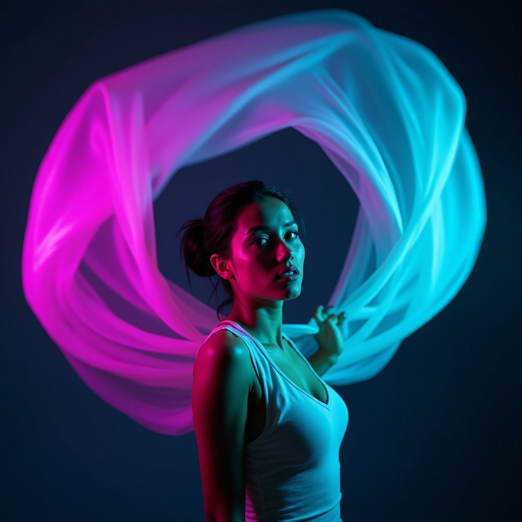 AI-generated photo: Photorealistic studio portrait photograph of a person captured mid-turn, body angled at three-quarte...