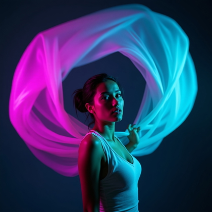 AI-generated photo: Photorealistic studio portrait photograph of a person captured mid-turn, body angled at three-quarte...