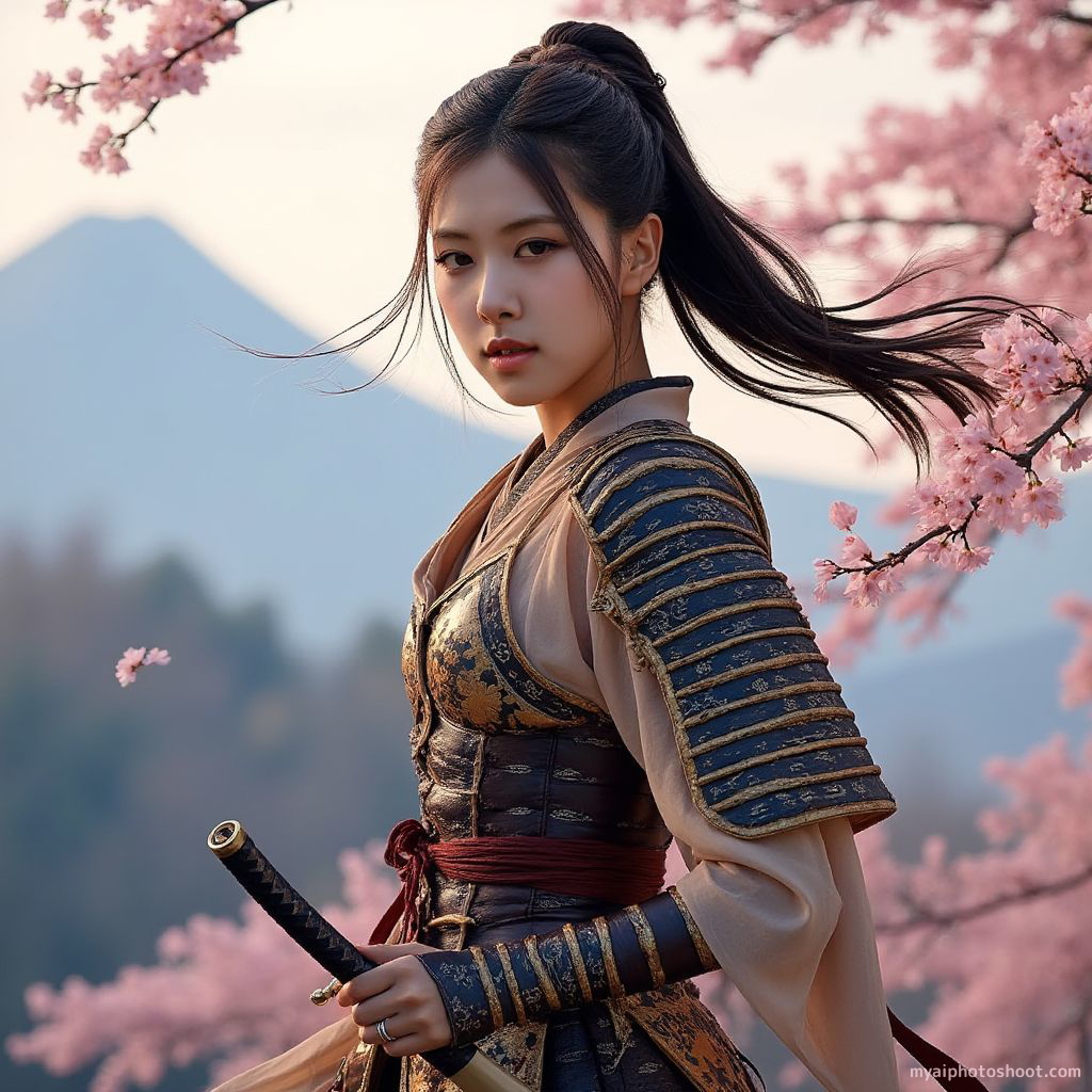 Create a captivating portrait of me as a fearless samurai, wearing intricate traditional armor adorned with vibrant patterns. My long hair is tied back, and I wield a beautifully crafted katana. The background features a serene Japanese landscape, with cherry blossom trees in full bloom and a distant mountain shrouded in mist. Capture the essence of honor, strength, and tranquility.