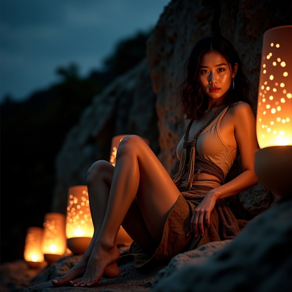 AI-generated photo: Photorealistic dramatic portrait photography at night beside a row of perforated clay lanterns on a ...